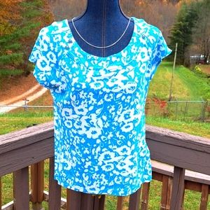 Rafella Short Sleeve Turquoise and White Top Cotton Button Embellishment XL